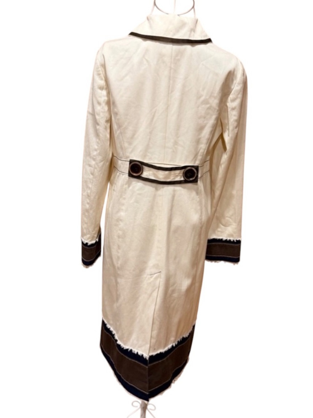Boden Agar Trench Coat Cream Navy Contrast Trim Wood Buttons Size 10 - Picture 3 of 11